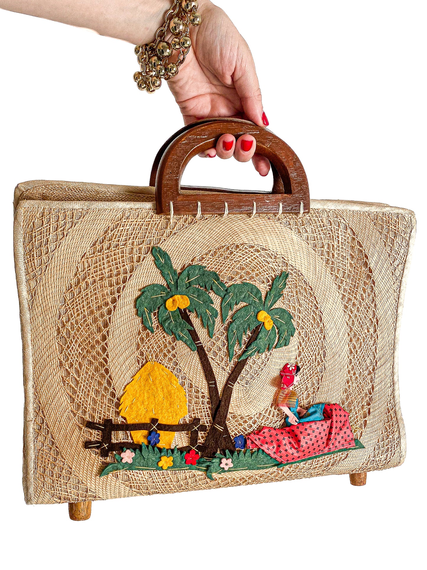 1940-50s Straw Bag Novelty Travel Scene with Felt Palm Trees and Lady