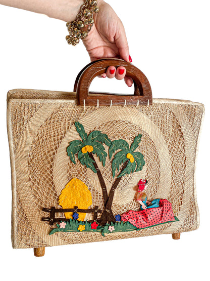 1940-50s Straw Bag Novelty Travel Scene with Felt Palm Trees and Lady