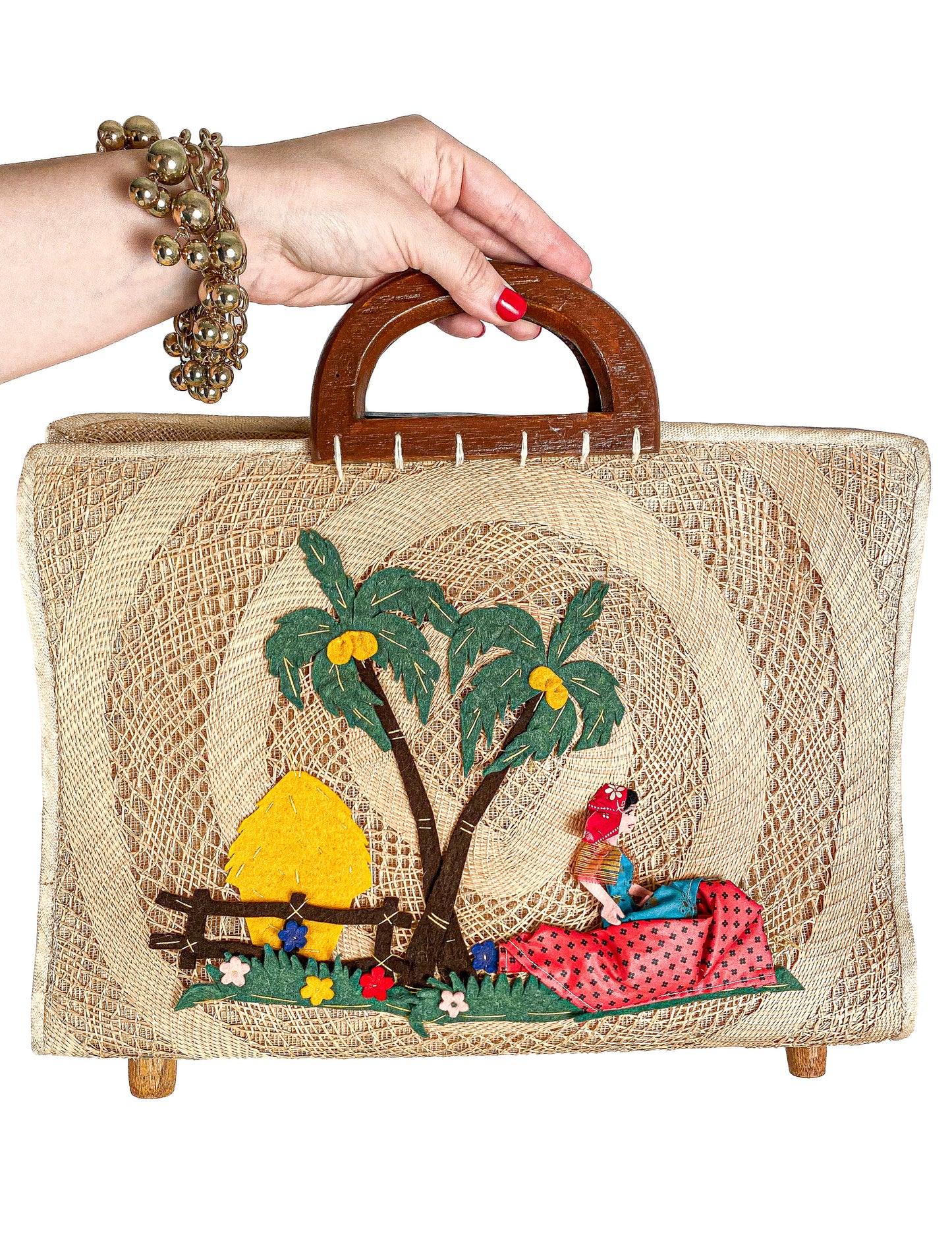 1940-50s Straw Bag Novelty Travel Scene with Felt Palm Trees and Lady