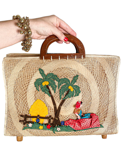 1940-50s Straw Bag Novelty Travel Scene with Felt Palm Trees and Lady