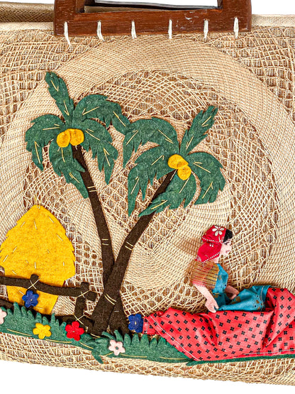 1940-50s Straw Bag Novelty Travel Scene with Felt Palm Trees and Lady