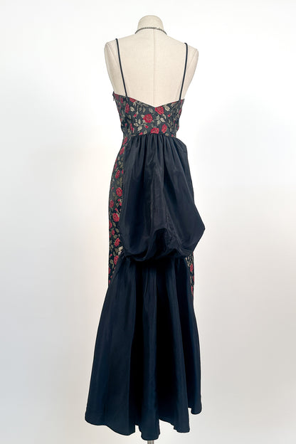 1990s Rose Print Evening Dress with Bustle / Waist 28