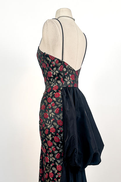 1990s Rose Print Evening Dress with Bustle / Waist 28