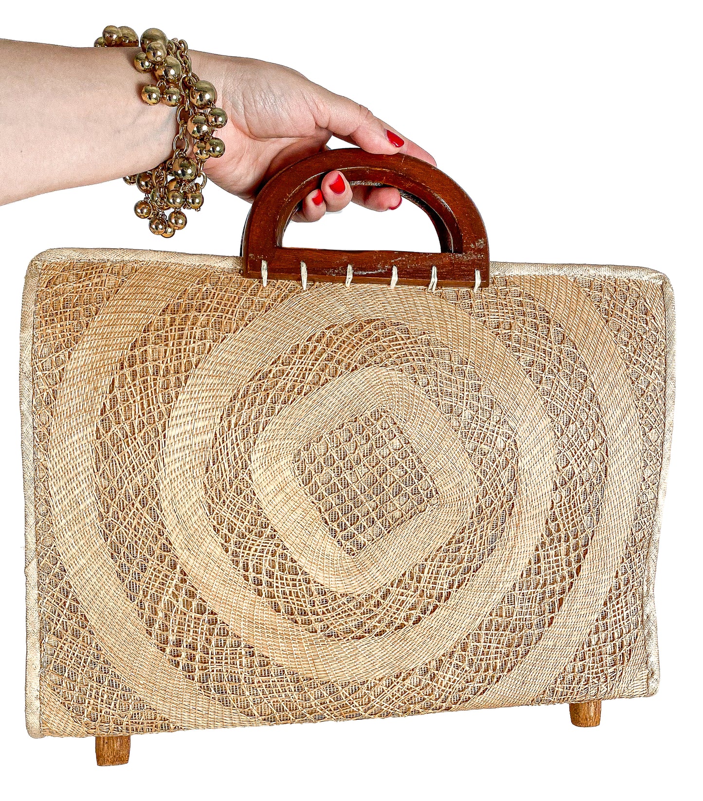 1940-50s Straw Bag Novelty Travel Scene with Felt Palm Trees and Lady