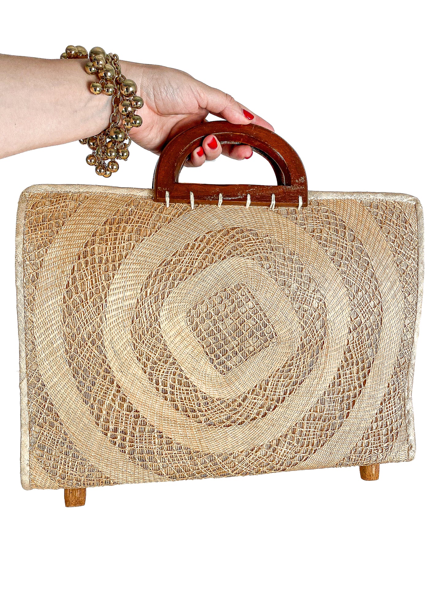 1940-50s Straw Bag Novelty Travel Scene with Felt Palm Trees and Lady