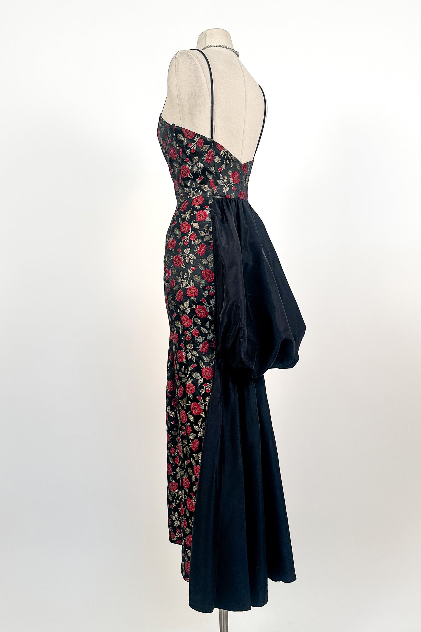 1990s Rose Print Evening Dress with Bustle / Waist 28