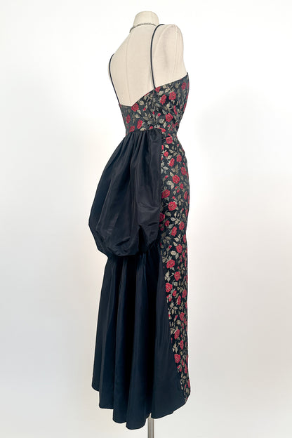 1990s Rose Print Evening Dress with Bustle / Waist 28