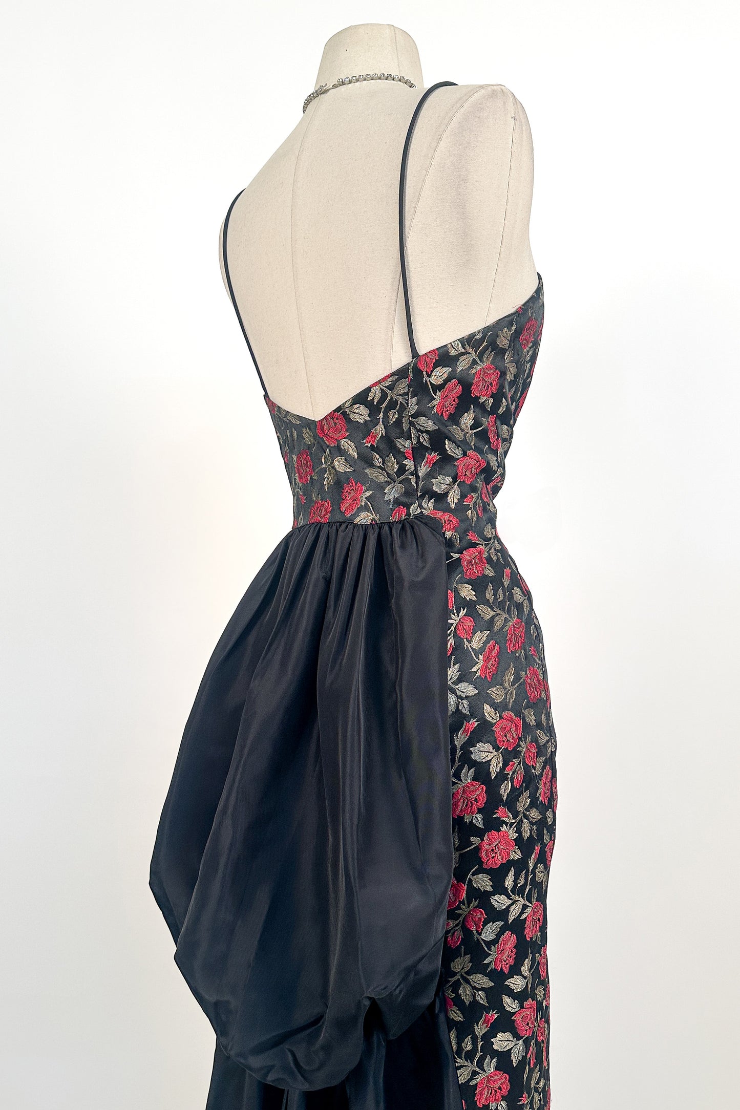 1990s Rose Print Evening Dress with Bustle / Waist 28