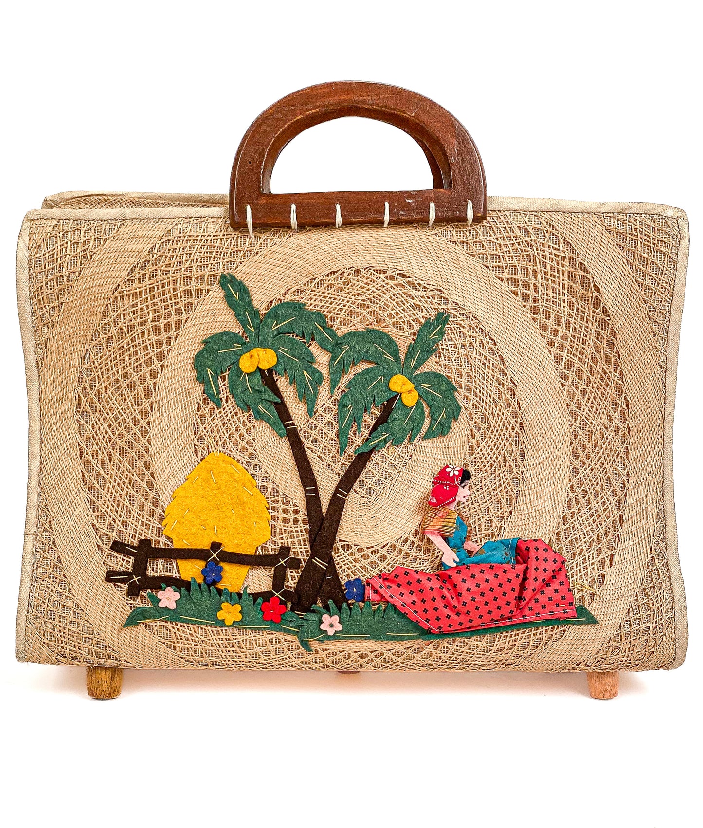 1940-50s Straw Bag Novelty Travel Scene with Felt Palm Trees and Lady