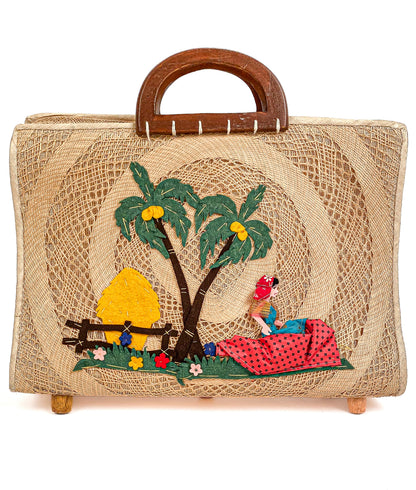 1940-50s Straw Bag Novelty Travel Scene with Felt Palm Trees and Lady