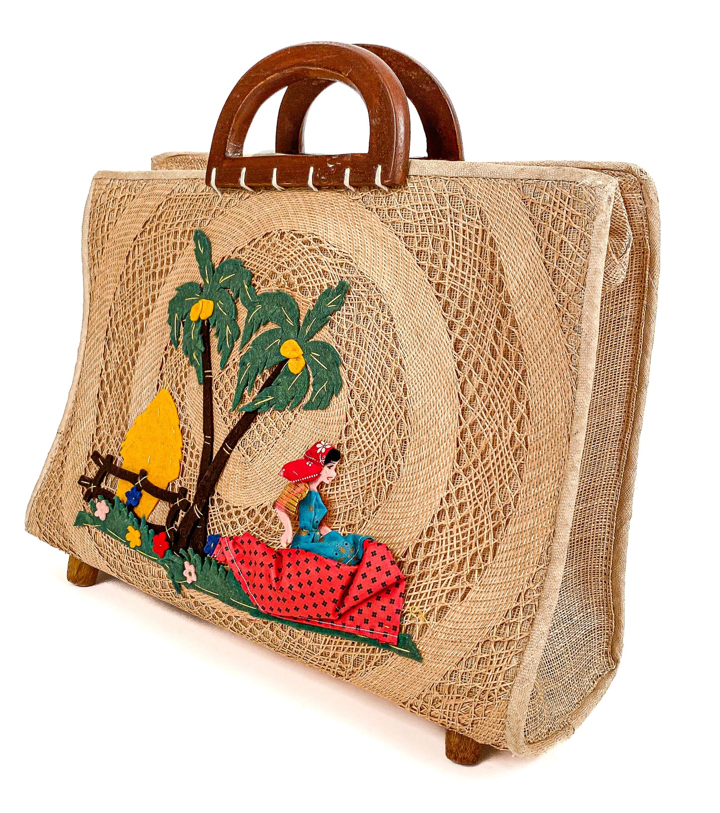 1940-50s Straw Bag Novelty Travel Scene with Felt Palm Trees and Lady