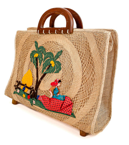 1940-50s Straw Bag Novelty Travel Scene with Felt Palm Trees and Lady