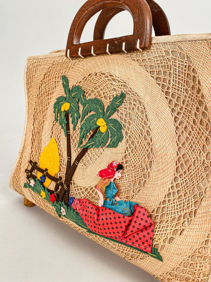1940-50s Straw Bag Novelty Travel Scene with Felt Palm Trees and Lady
