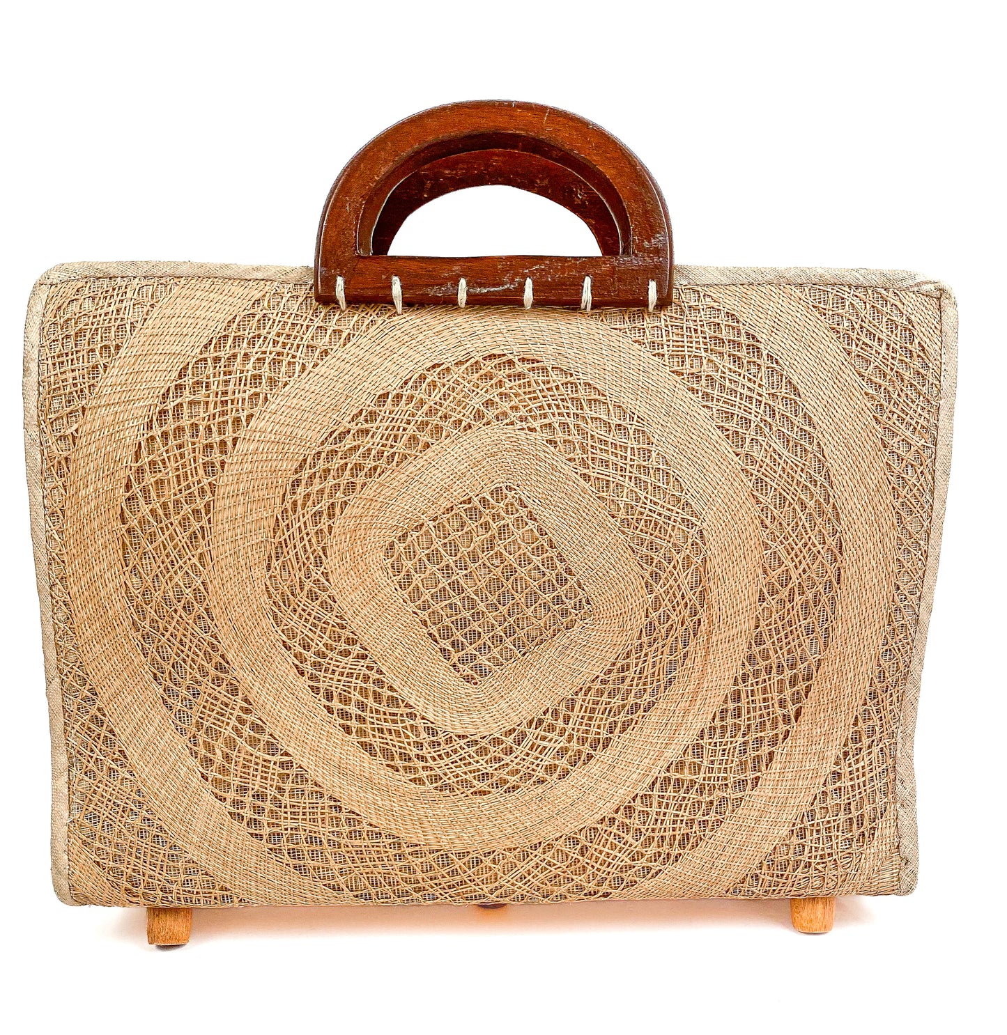 1940-50s Straw Bag Novelty Travel Scene with Felt Palm Trees and Lady