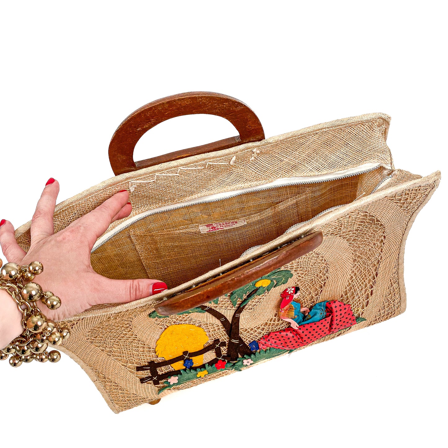 1940-50s Straw Bag Novelty Travel Scene with Felt Palm Trees and Lady