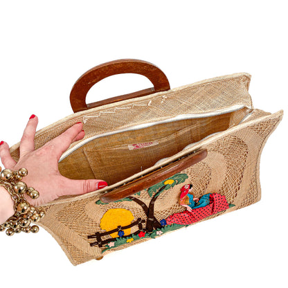 1940-50s Straw Bag Novelty Travel Scene with Felt Palm Trees and Lady