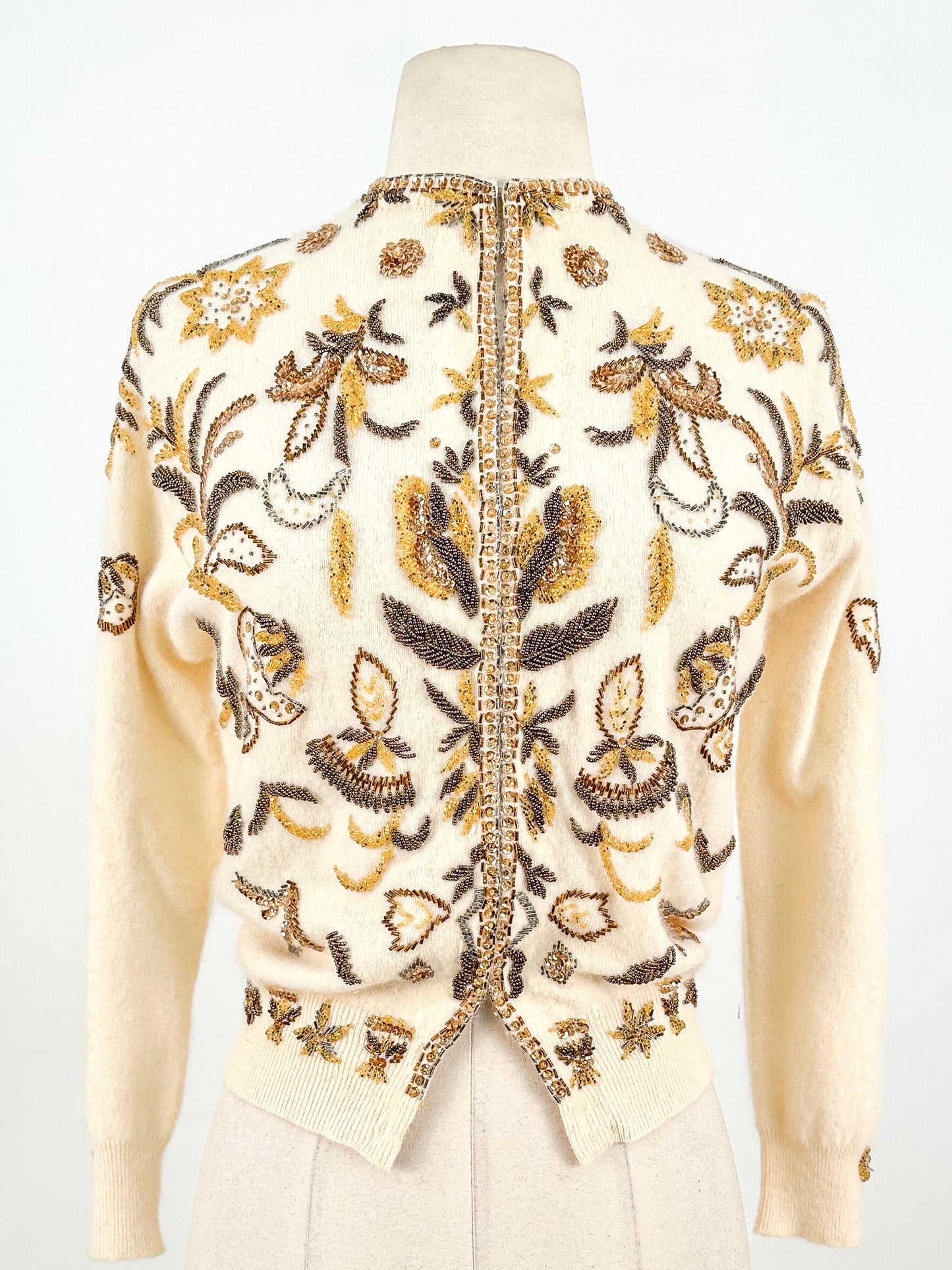 1950s Cream Autumnal Beaded Angora Sweater / Medium