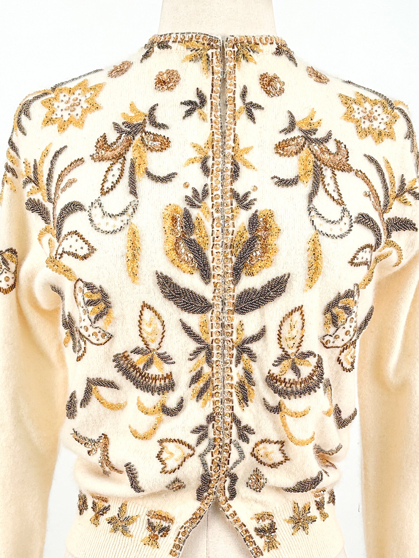 1950s Cream Autumnal Beaded Angora Sweater / Medium