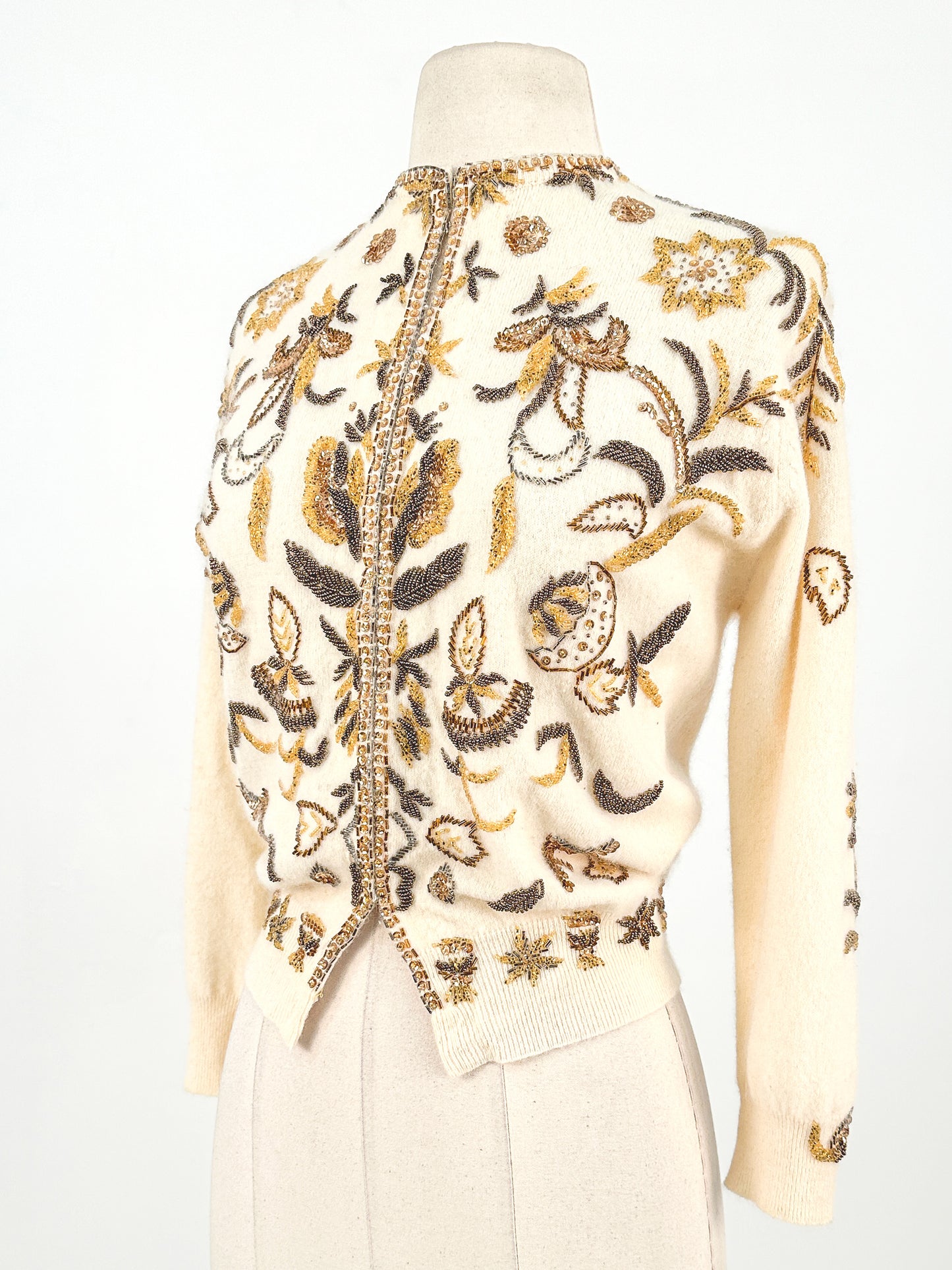 1950s Cream Autumnal Beaded Angora Sweater / Medium
