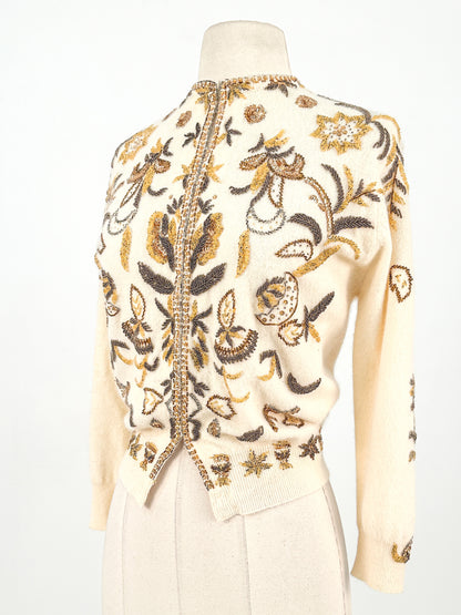 1950s Cream Autumnal Beaded Angora Sweater / Medium