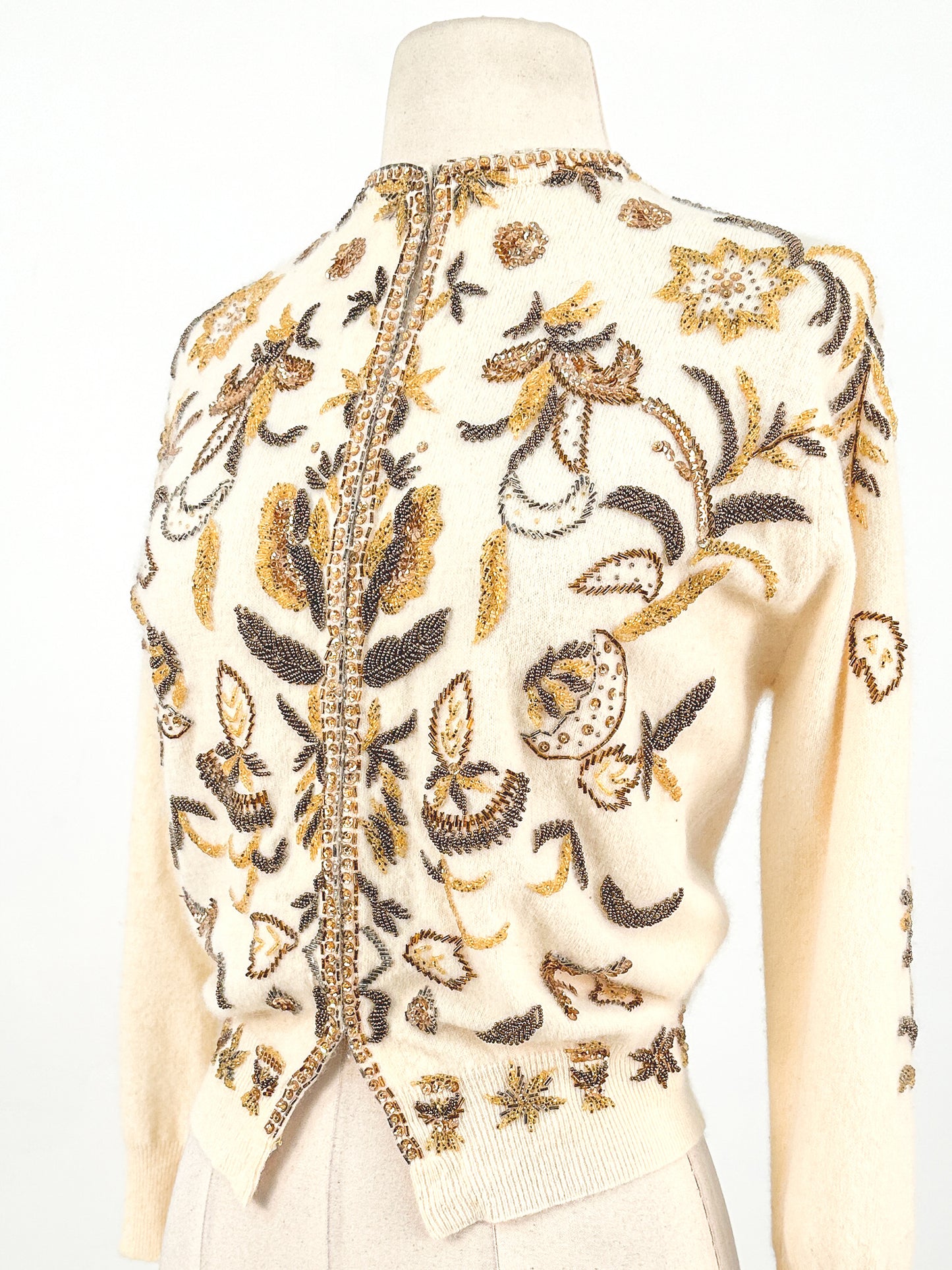 1950s Cream Autumnal Beaded Angora Sweater / Medium
