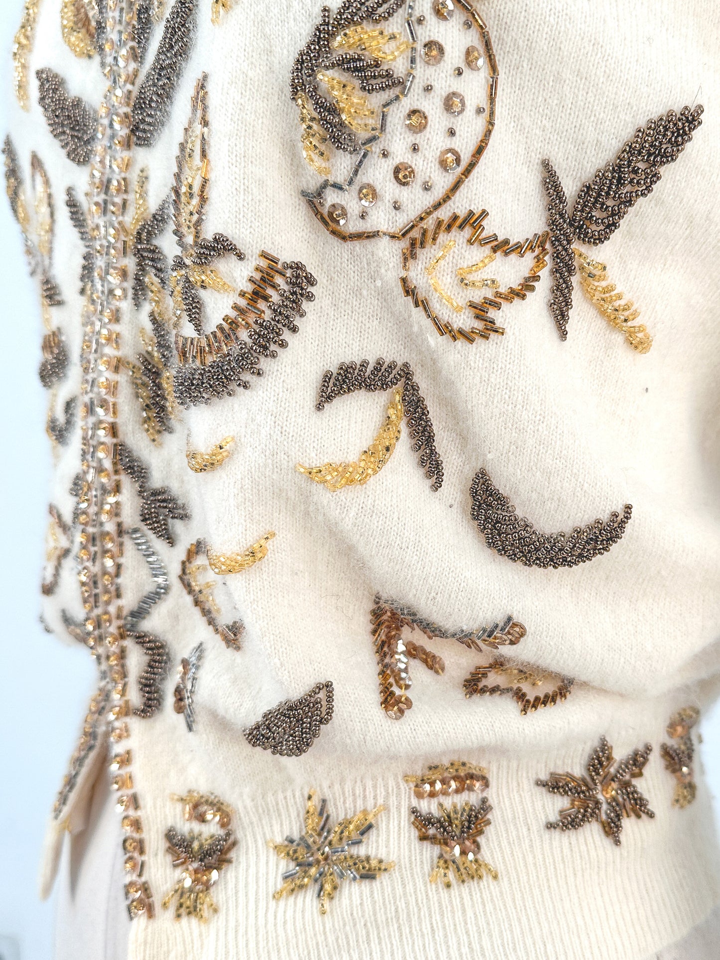 1950s Cream Autumnal Beaded Angora Sweater / Medium