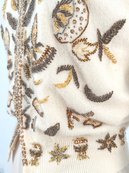 1950s Cream Autumnal Beaded Angora Sweater / Medium