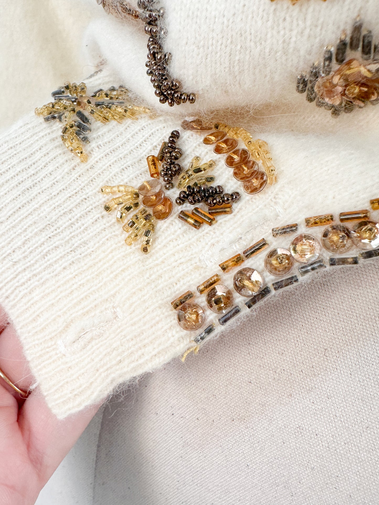 1950s Cream Autumnal Beaded Angora Sweater / Medium