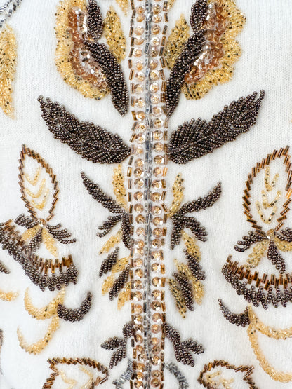 1950s Cream Autumnal Beaded Angora Sweater / Medium