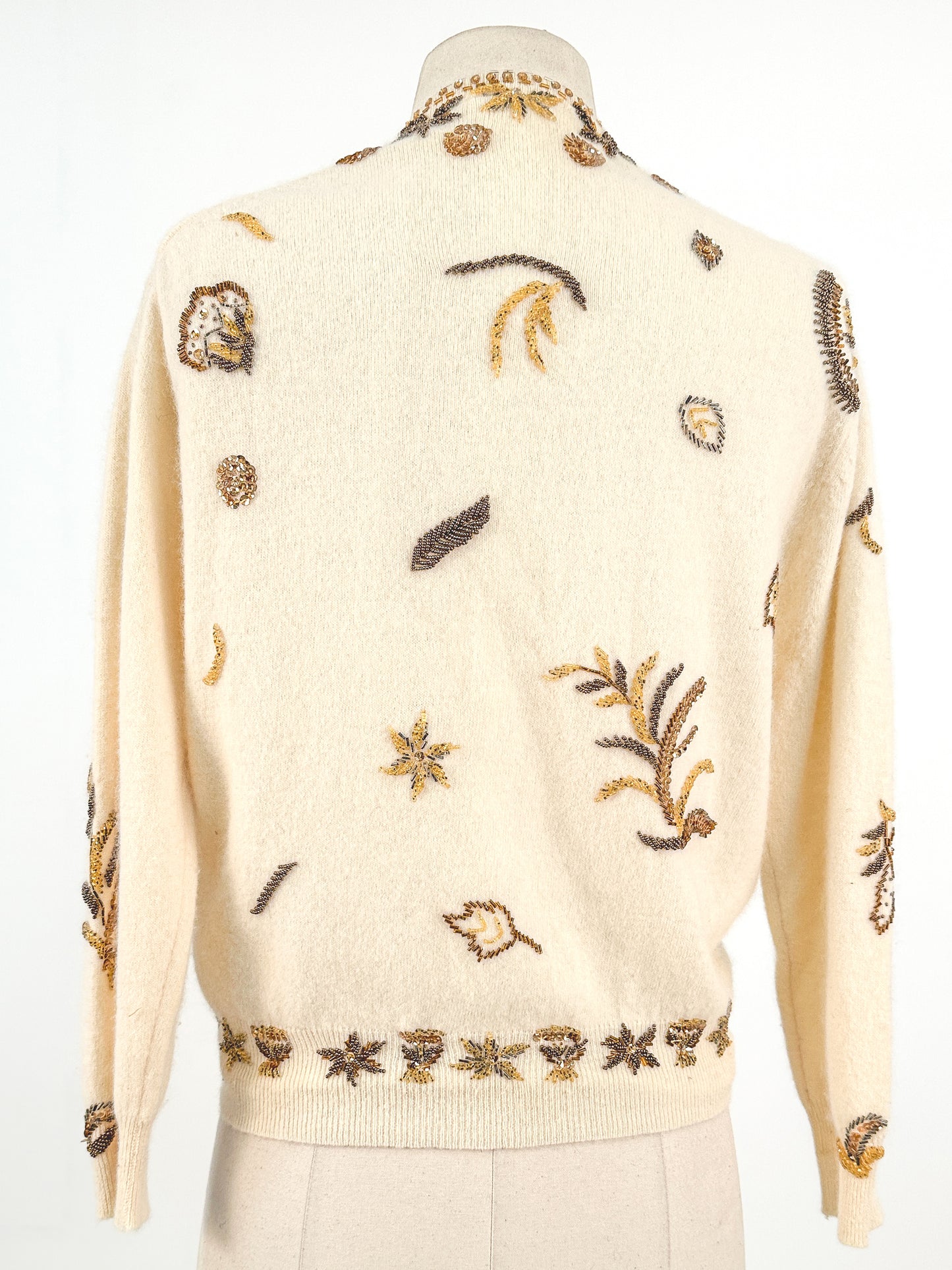 1950s Cream Autumnal Beaded Angora Sweater / Medium