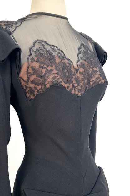 1940s Femme Fatale Illusion Lace Cocktail Dress / Waist 28-30