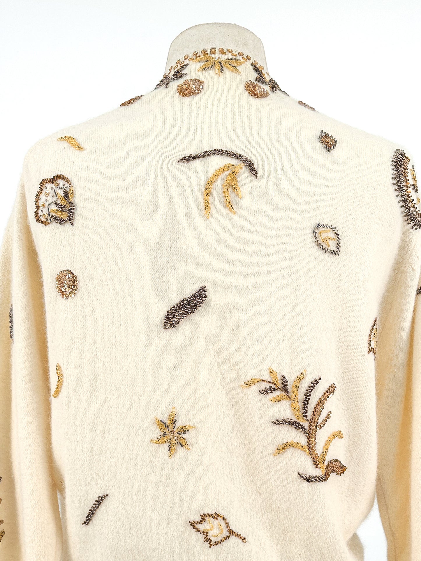 1950s Cream Autumnal Beaded Angora Sweater / Medium