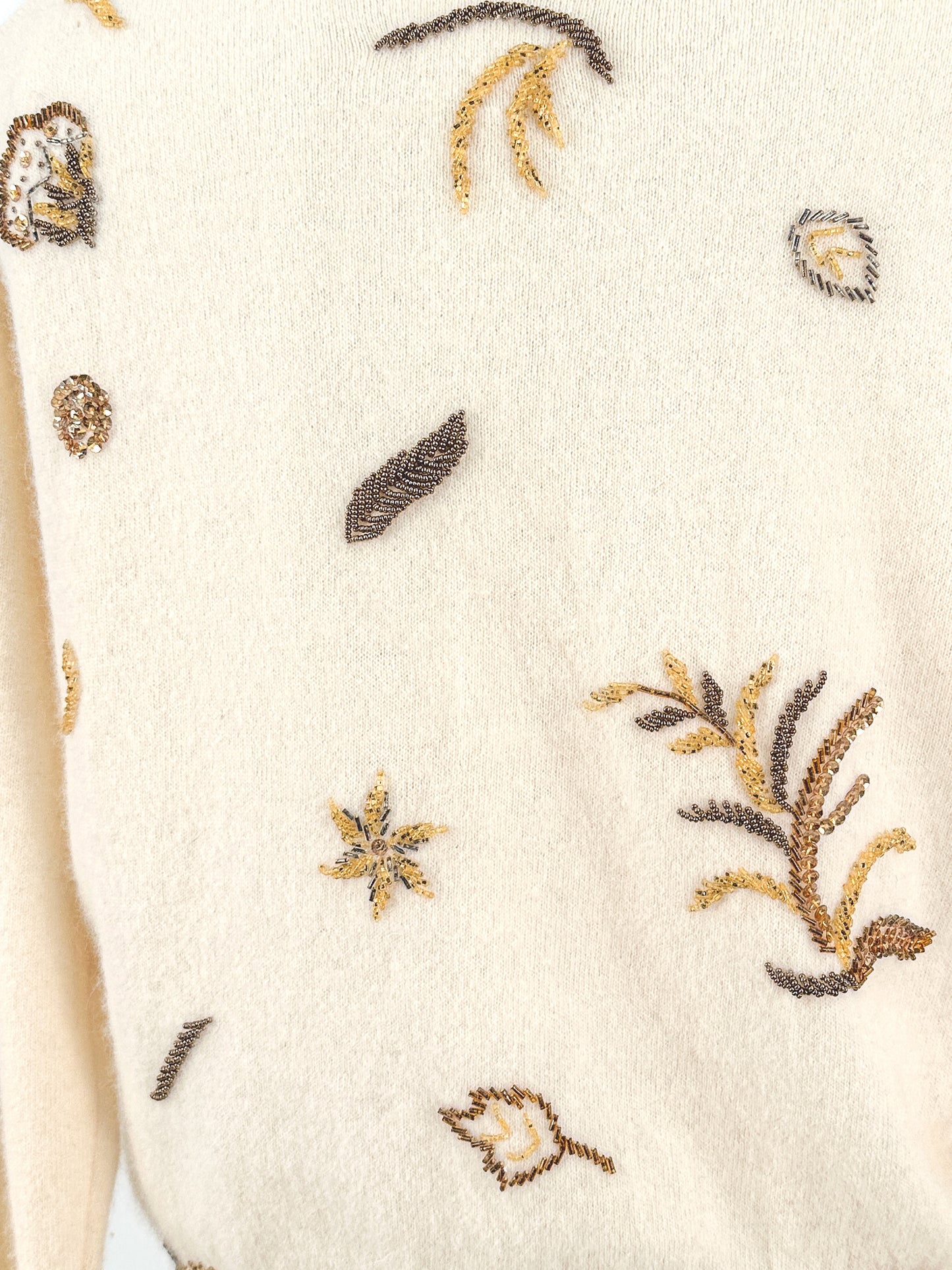 1950s Cream Autumnal Beaded Angora Sweater / Medium