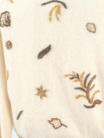 1950s Cream Autumnal Beaded Angora Sweater / Medium