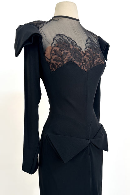 1940s Femme Fatale Illusion Lace Cocktail Dress / Waist 28-30