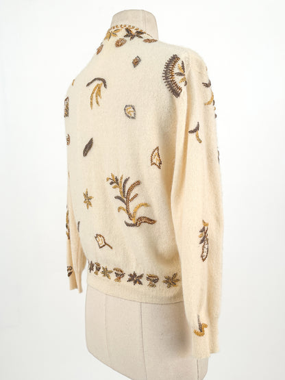 1950s Cream Autumnal Beaded Angora Sweater / Medium