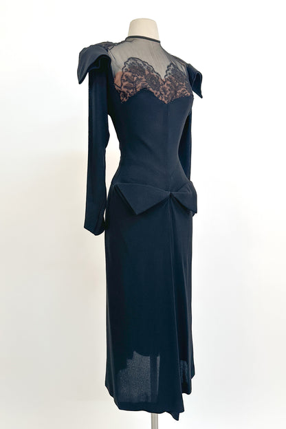 1940s Femme Fatale Illusion Lace Cocktail Dress / Waist 28-30