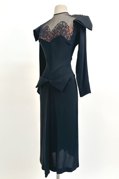 1940s Femme Fatale Illusion Lace Cocktail Dress / Waist 28-30
