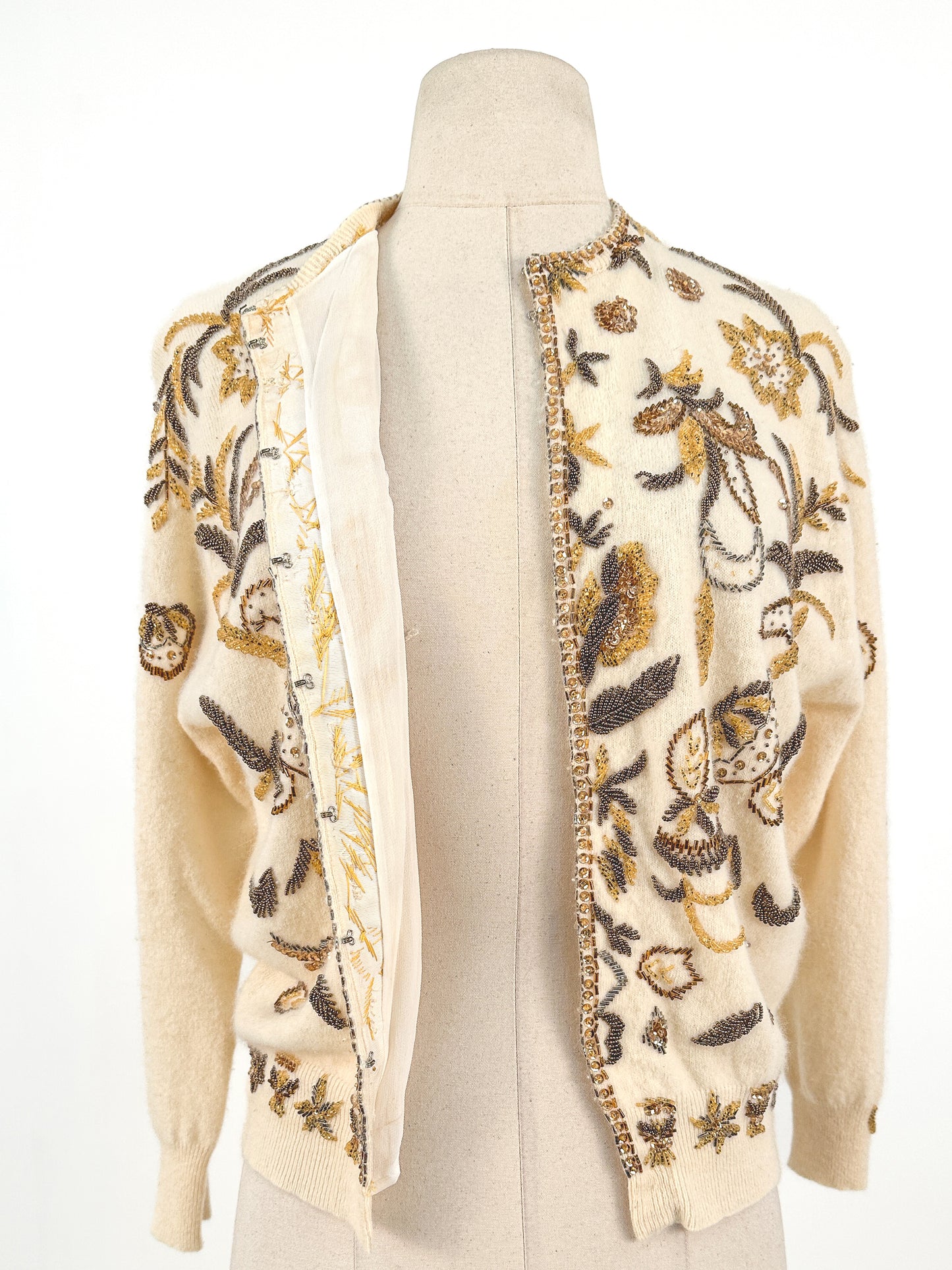 1950s Cream Autumnal Beaded Angora Sweater / Medium