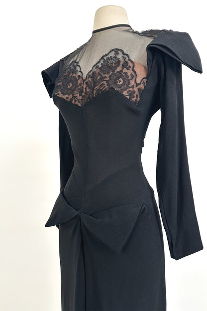 1940s Femme Fatale Illusion Lace Cocktail Dress / Waist 28-30