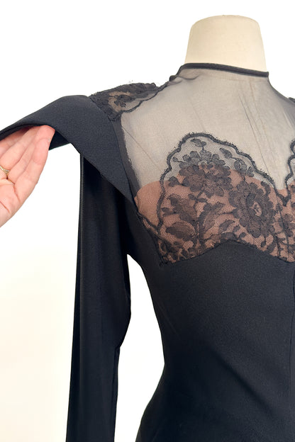 1940s Femme Fatale Illusion Lace Cocktail Dress / Waist 28-30