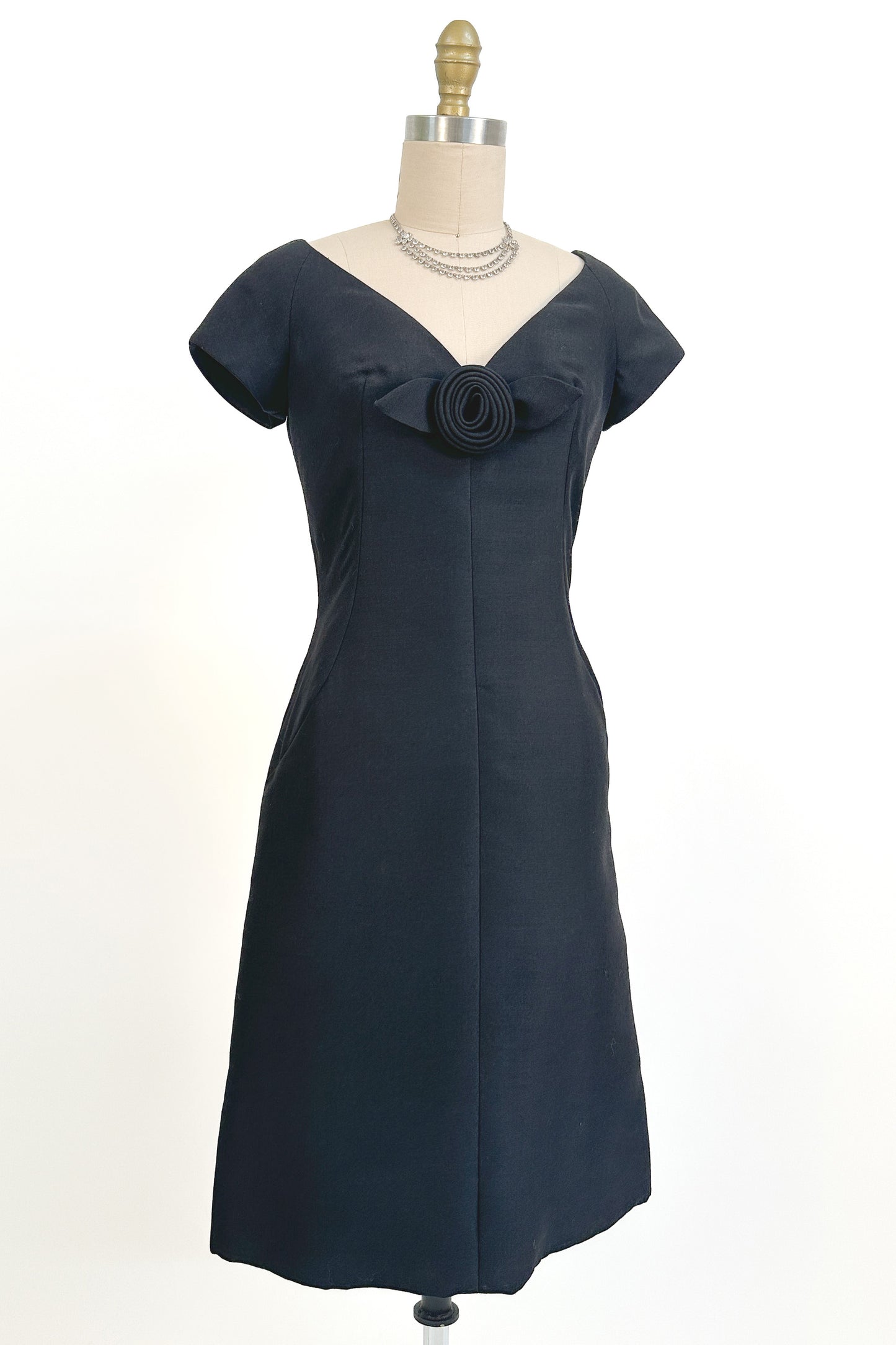 1960s Jerry Silverman Black Rosette Cocktail Dress