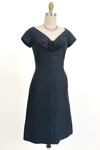 1960s Jerry Silverman Black Rosette Cocktail Dress