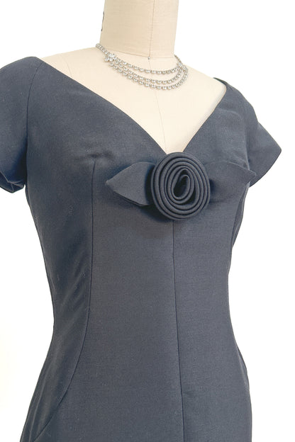 1960s Jerry Silverman Black Rosette Cocktail Dress