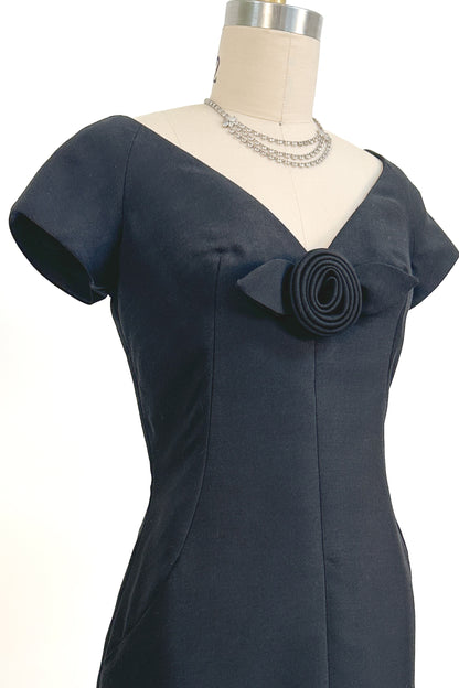 1960s Jerry Silverman Black Rosette Cocktail Dress