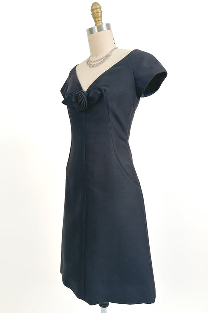 1960s Jerry Silverman Black Rosette Cocktail Dress