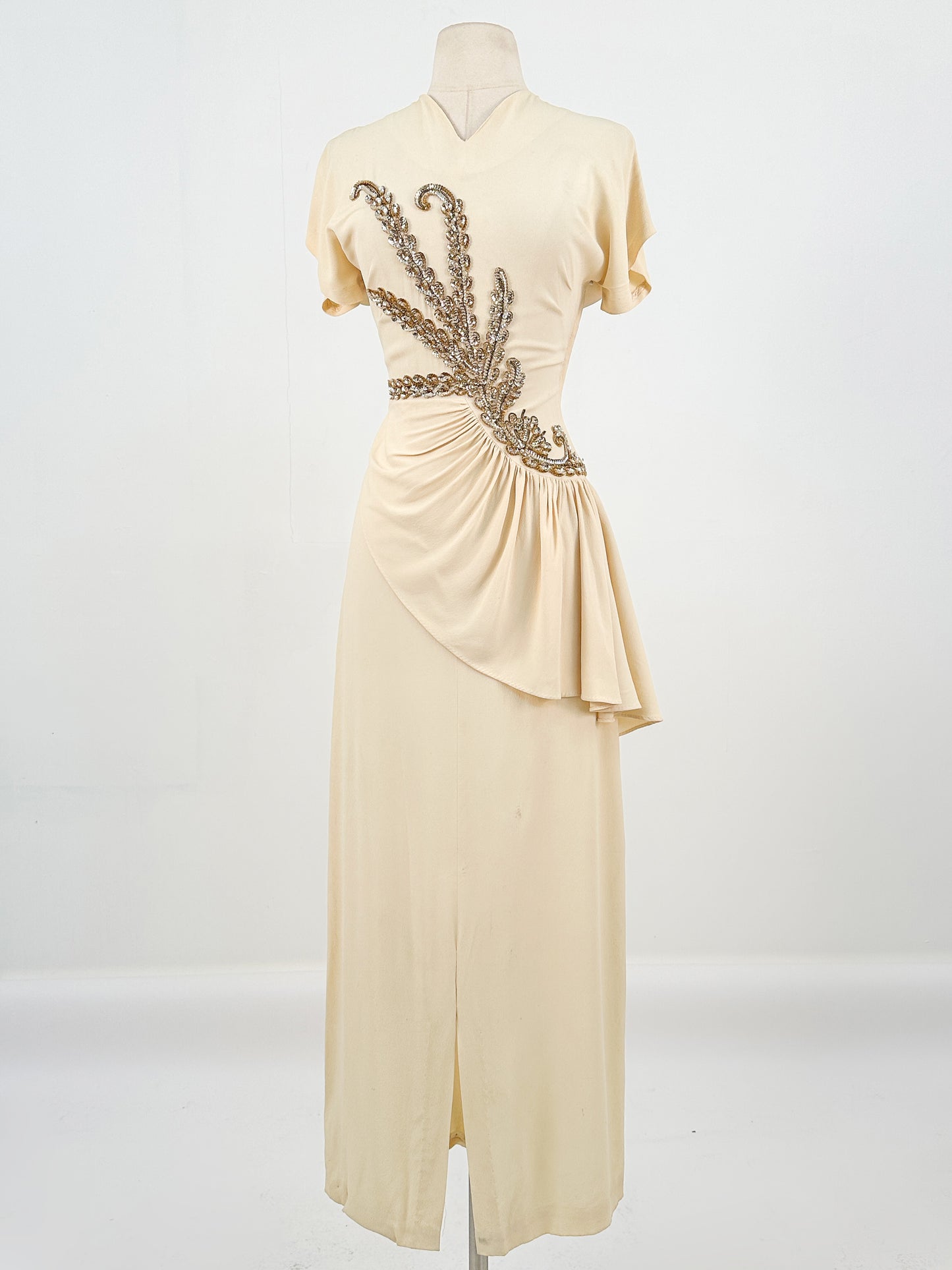 1940s Cream Crepe Sequined Evening Gown / Waist 26