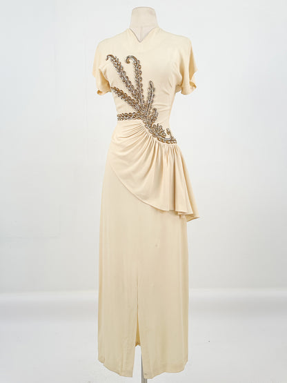 1940s Cream Crepe Sequined Evening Gown / Waist 26