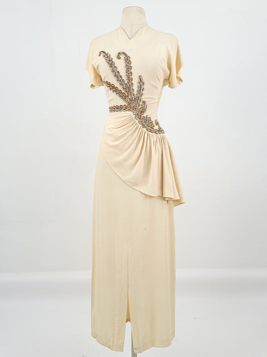 1940s Cream Crepe Sequined Evening Gown / Waist 26