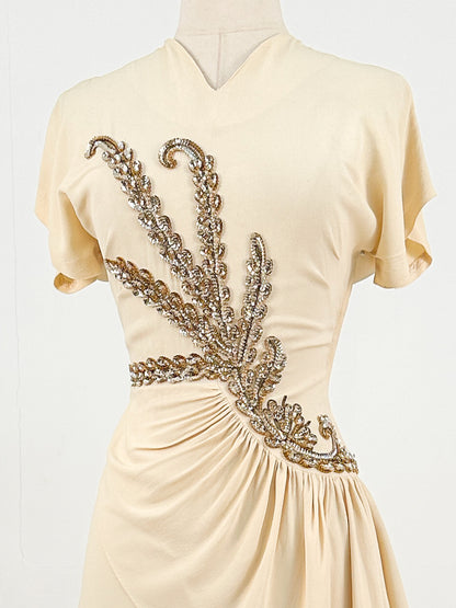 1940s Cream Crepe Sequined Evening Gown / Waist 26